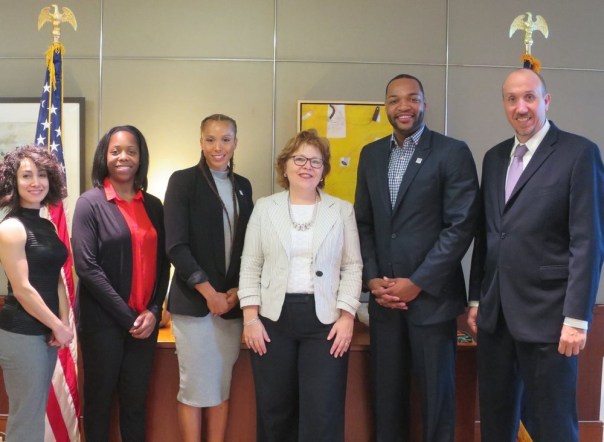Delegation members Soolmaz Abooali, Natalia Isaac, Monica Hargrove, U.S. Ambassador to UAE Barbara Leaf, Board President Omari Faulkner, and U.S. Public Affairs Officer Ali Lejlic, (left to right)